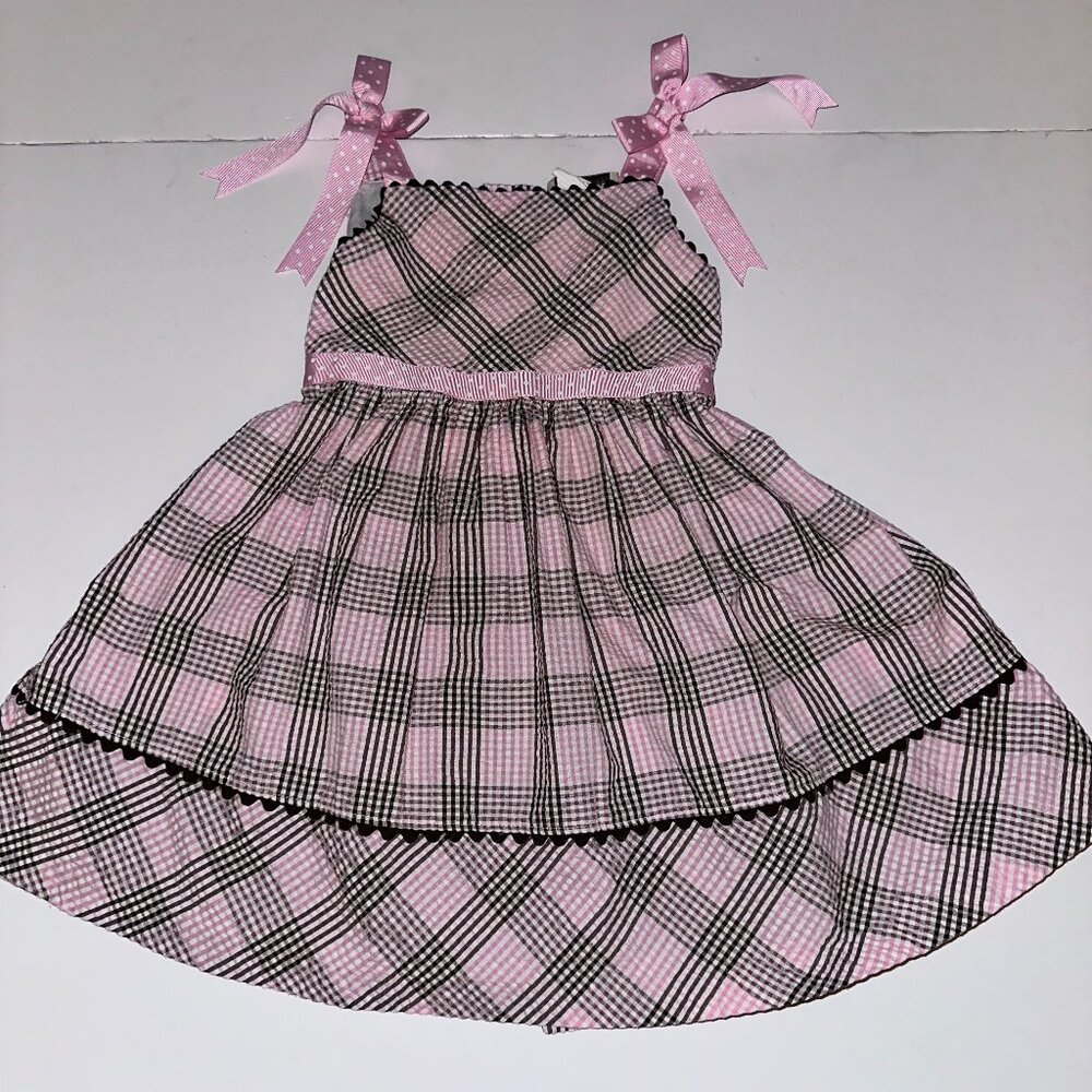 Rare Editions Too Girls Checkered Seersucker Sun Dress sz 4 Pink Brown Grosgrain